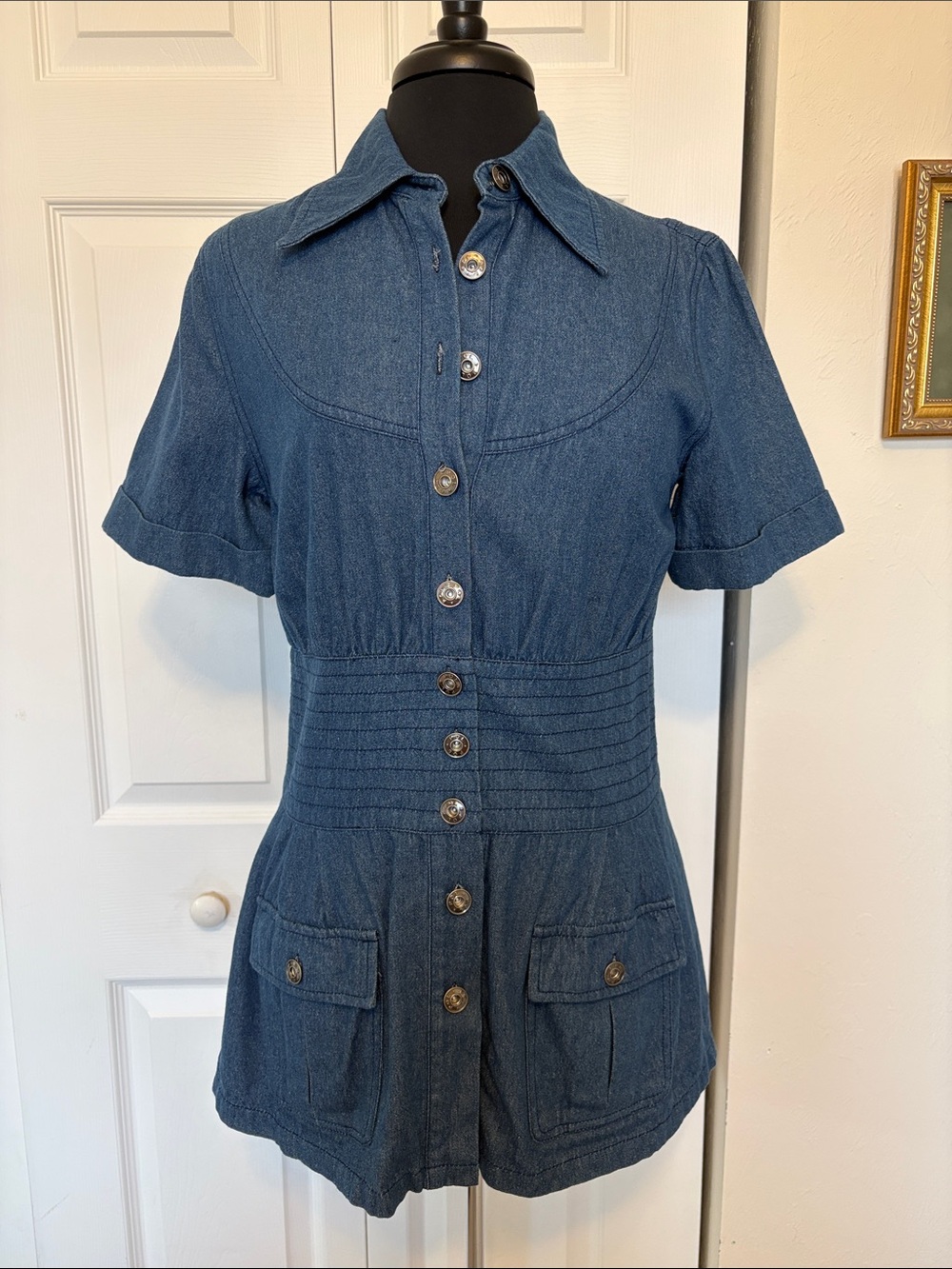 NWOT POL Denim Button Front Short Sleeve Mini Dress Tunic Top Small.